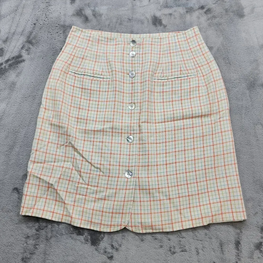 Vintage Mix It Skirt Womens 12 Multicolor Plaid Linen Blend Button Front Pencil‎